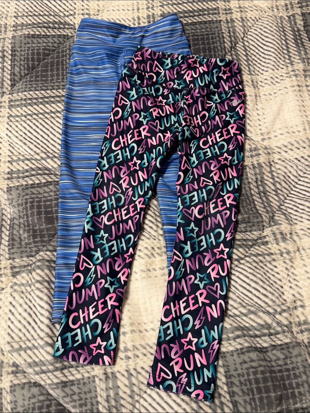 Kids Blue Striped & Black Cheer Graphic Athletic Leggings - 2 Pack